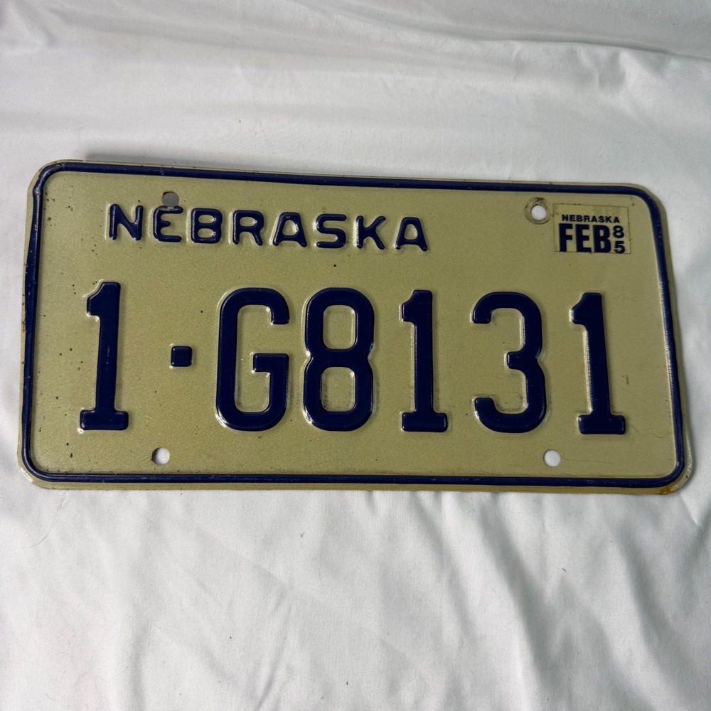 Vintage 1985 Nebraska License Plate 1-G8131 Blue Cream Embossed Metal Decor